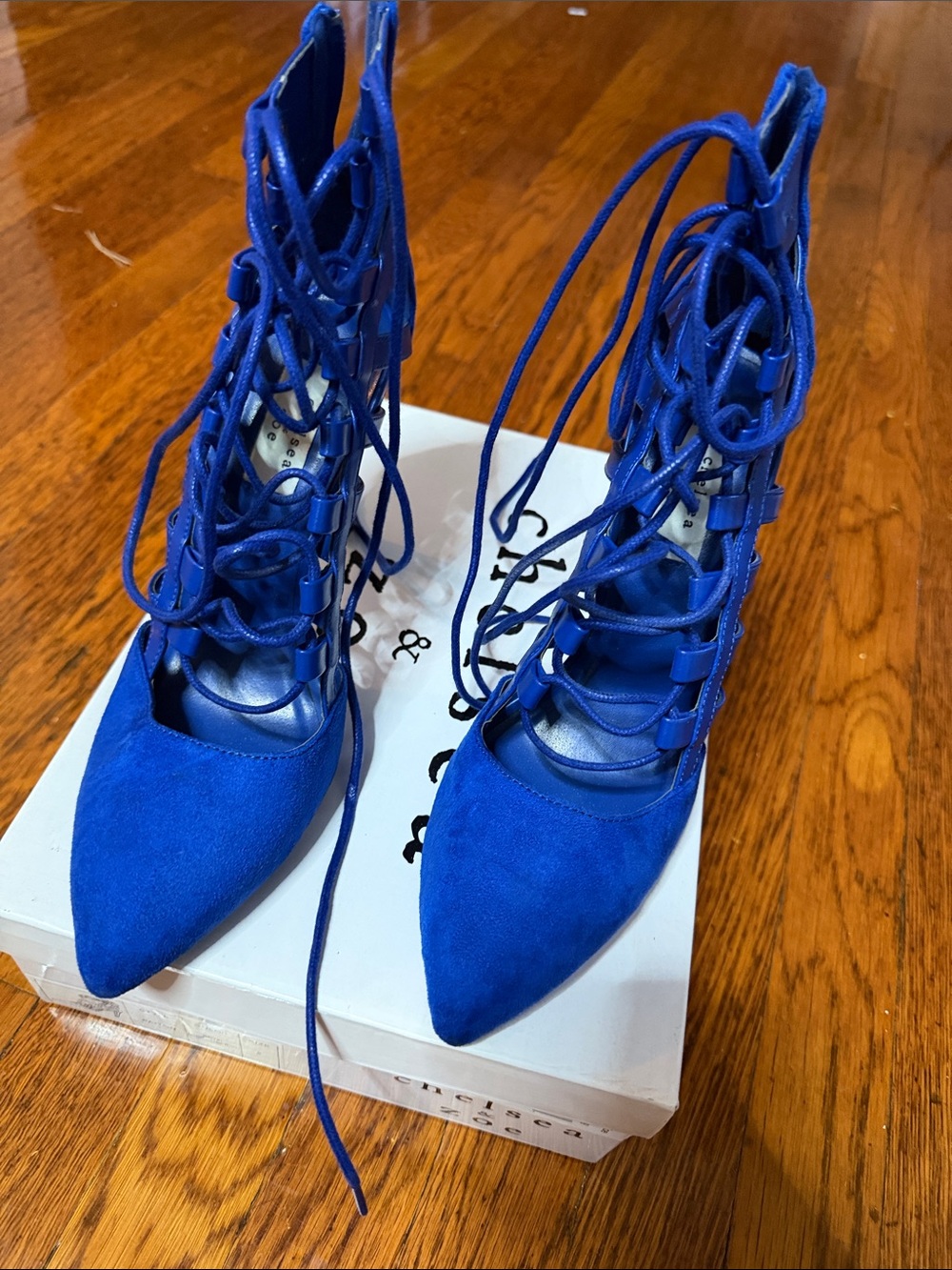 Chelsea & Zoe Cobalt Blue Lace-Up Pointed Heels